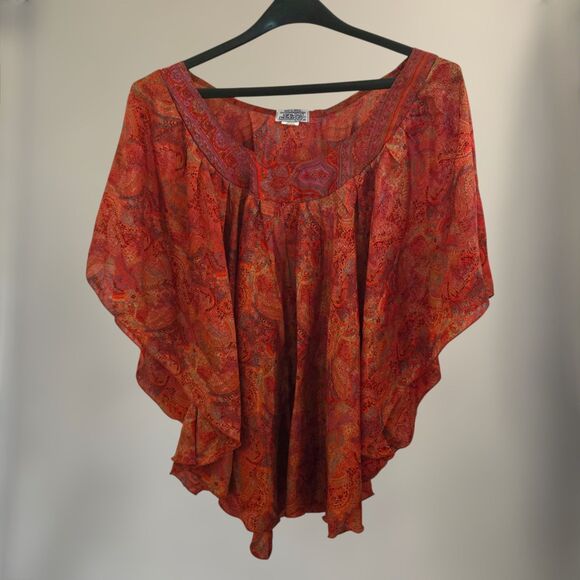 Mexicali Blues Silk Blend Kaftan Blouse One Size Fit Most Sheer Butterfly Sleeve - Picture 1 of 6